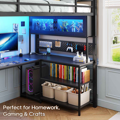 ADORNEVE Gaming Loft Bed Twin Size with L-Shaped Desk and Storage Drawers Arcylic Hutch Metal LED Loft Bed Frame with Wide Ladder and Safety Power Outlet