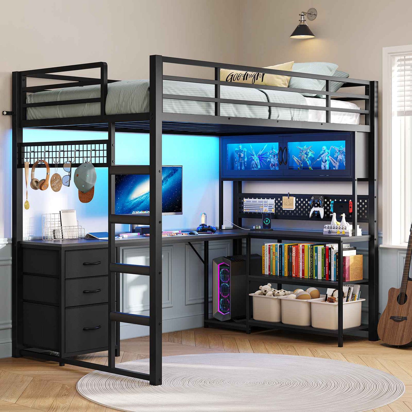 ADORNEVE Gaming Loft Bed Twin Size with L-Shaped Desk and Storage Drawers Arcylic Hutch Metal LED Loft Bed Frame with Wide Ladder and Safety Power Outlet