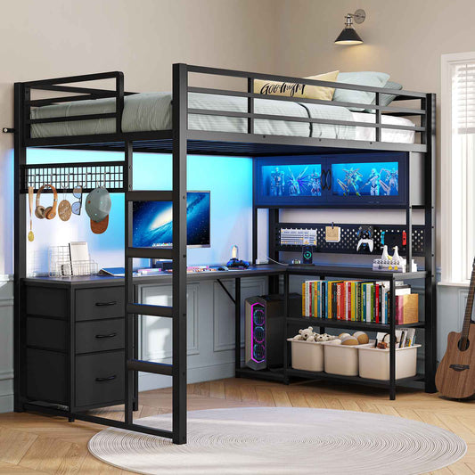 ADORNEVE Gaming Loft Bed Twin Size with L-Shaped Desk and Storage Drawers Arcylic Hutch Metal LED Loft Bed Frame with Wide Ladder and Safety Power Outlet