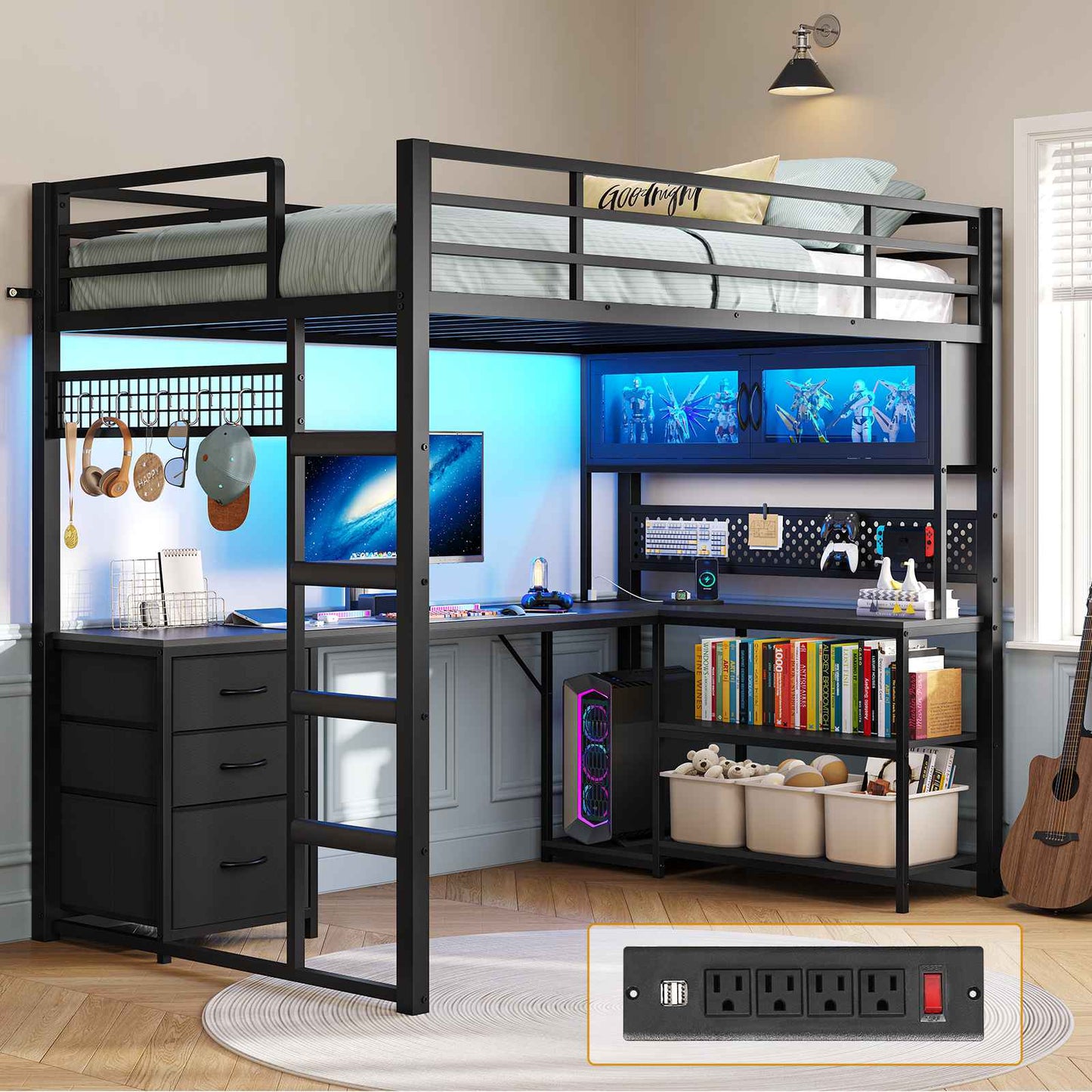 ADORNEVE Gaming Loft Bed Twin Size with L-Shaped Desk and Storage Drawers Arcylic Hutch Metal LED Loft Bed Frame with Wide Ladder and Safety Power Outlet