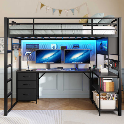 ADORNEVE Gaming Loft Bed Twin Size with L-Shaped Desk and Storage Drawers Arcylic Hutch Metal LED Loft Bed Frame with Wide Ladder and Safety Power Outlet