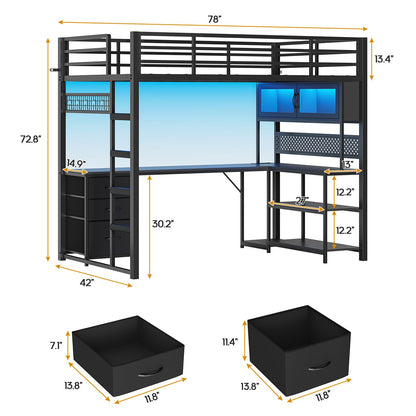 ADORNEVE Gaming Loft Bed Twin Size with L-Shaped Desk and Storage Drawers Arcylic Hutch Metal LED Loft Bed Frame with Wide Ladder and Safety Power Outlet