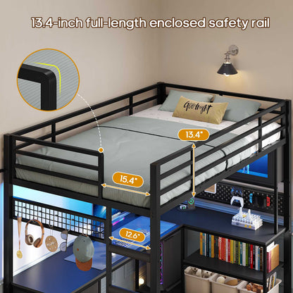 ADORNEVE Gaming Loft Bed Twin Size with L-Shaped Desk and Storage Drawers Arcylic Hutch Metal LED Loft Bed Frame with Wide Ladder and Safety Power Outlet