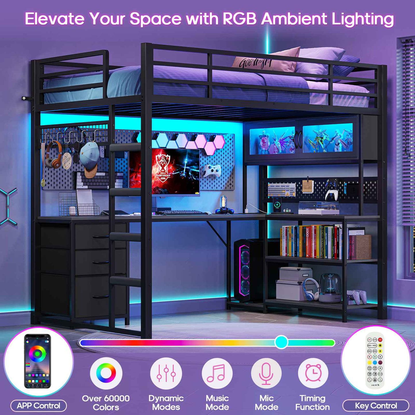 ADORNEVE Gaming Loft Bed Twin Size with L-Shaped Desk and Storage Drawers Arcylic Hutch Metal LED Loft Bed Frame with Wide Ladder and Safety Power Outlet