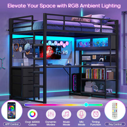 ADORNEVE Gaming Loft Bed Twin Size with L-Shaped Desk and Storage Drawers Arcylic Hutch Metal LED Loft Bed Frame with Wide Ladder and Safety Power Outlet