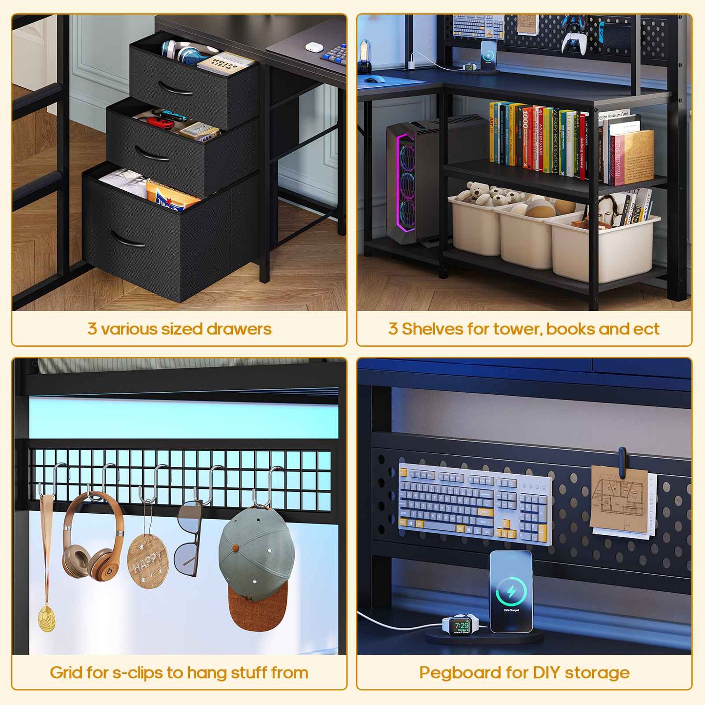 ADORNEVE Gaming Loft Bed Twin Size with L-Shaped Desk and Storage Drawers Arcylic Hutch Metal LED Loft Bed Frame with Wide Ladder and Safety Power Outlet