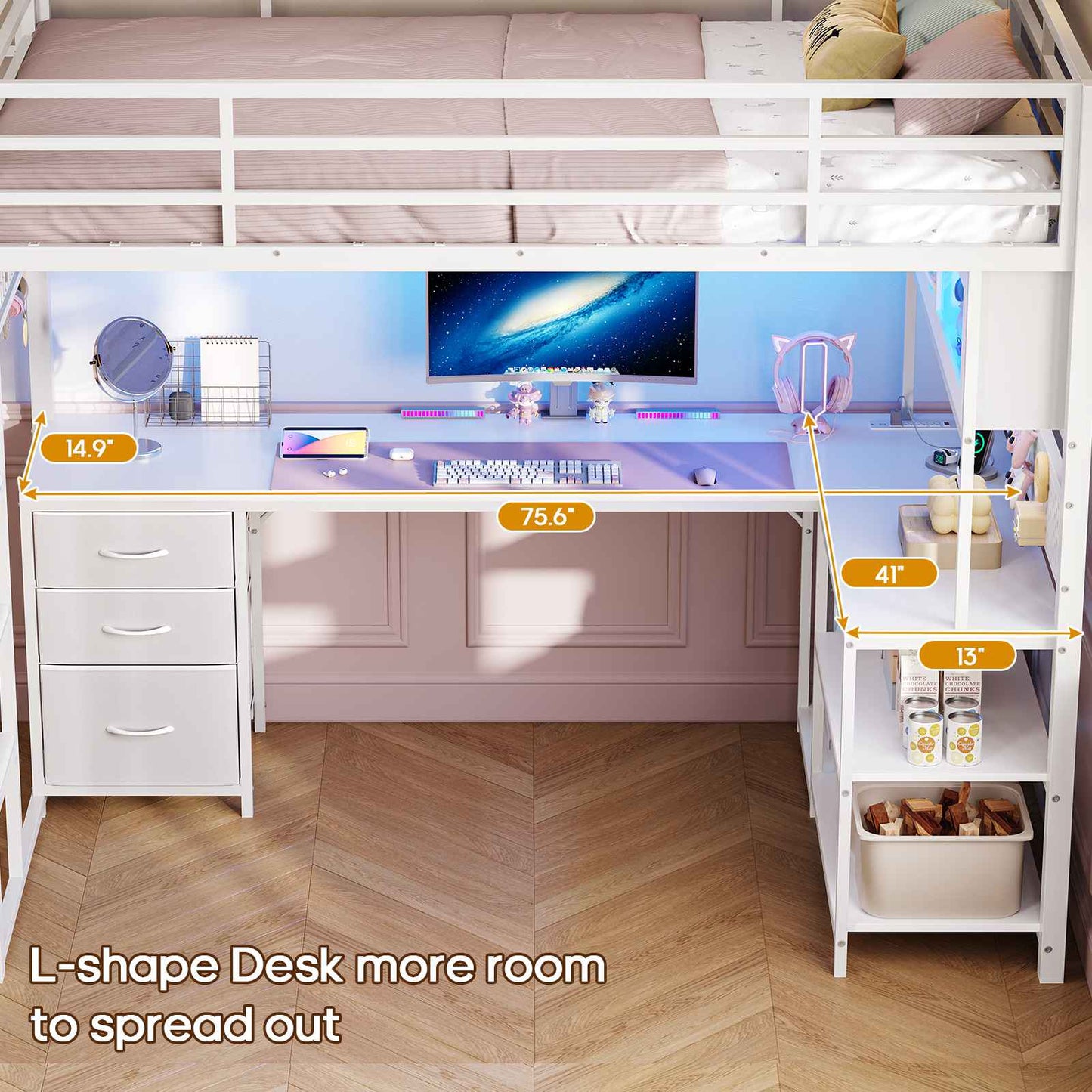 ADORNEVE Gaming Loft Bed Twin Size with L-Shaped Desk and Storage Drawers Arcylic Hutch Metal LED Loft Bed Frame with Wide Ladder and Safety Power Outlet