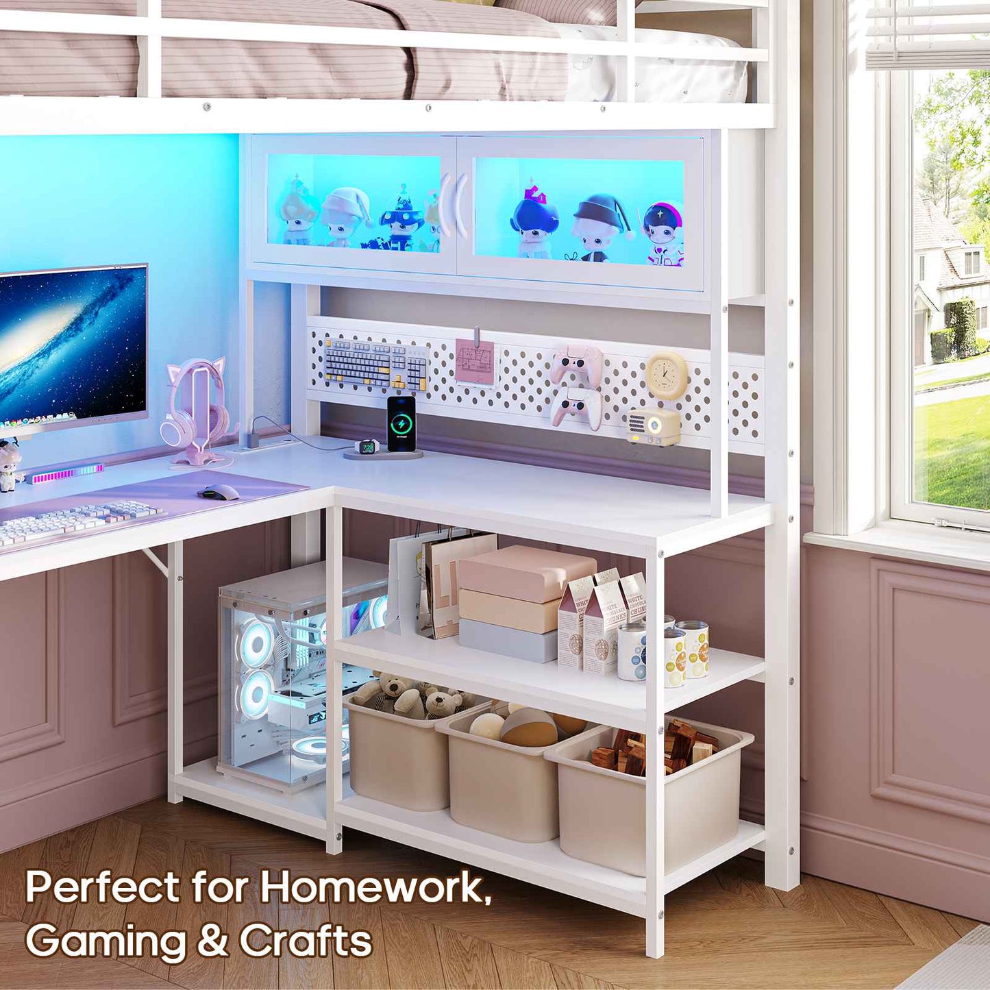 ADORNEVE Gaming Loft Bed Twin Size with L-Shaped Desk and Storage Drawers Arcylic Hutch Metal LED Loft Bed Frame with Wide Ladder and Safety Power Outlet