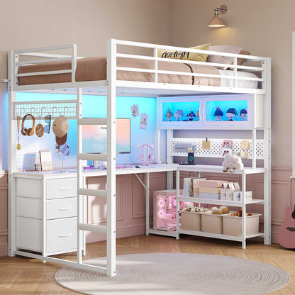 ADORNEVE Gaming Loft Bed Twin Size with L-Shaped Desk and Storage Drawers Arcylic Hutch Metal LED Loft Bed Frame with Wide Ladder and Safety Power Outlet
