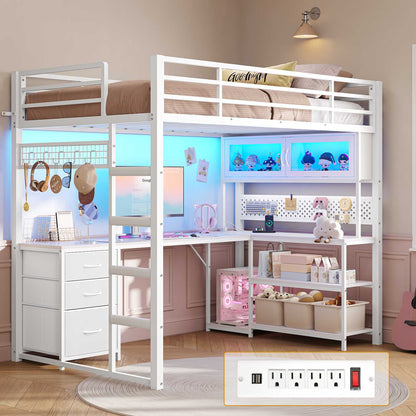 ADORNEVE Gaming Loft Bed Twin Size with L-Shaped Desk and Storage Drawers Arcylic Hutch Metal LED Loft Bed Frame with Wide Ladder and Safety Power Outlet