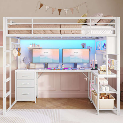 ADORNEVE Gaming Loft Bed Twin Size with L-Shaped Desk and Storage Drawers Arcylic Hutch Metal LED Loft Bed Frame with Wide Ladder and Safety Power Outlet