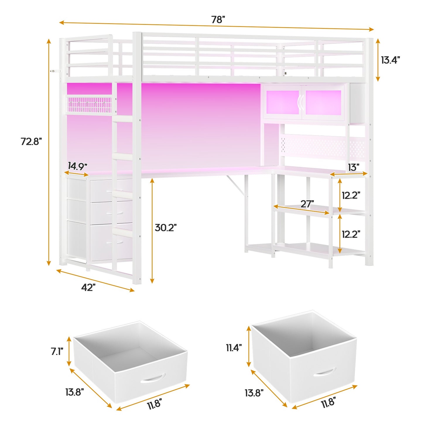 ADORNEVE Gaming Loft Bed Twin Size with L-Shaped Desk and Storage Drawers Arcylic Hutch Metal LED Loft Bed Frame with Wide Ladder and Safety Power Outlet