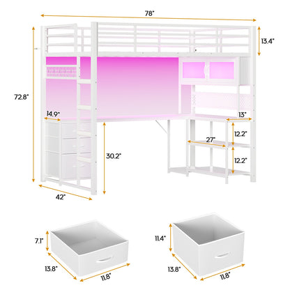 ADORNEVE Gaming Loft Bed Twin Size with L-Shaped Desk and Storage Drawers Arcylic Hutch Metal LED Loft Bed Frame with Wide Ladder and Safety Power Outlet