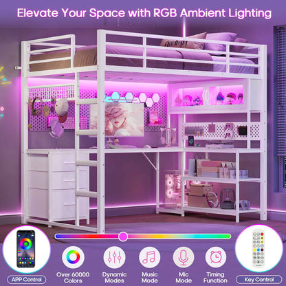 ADORNEVE Gaming Loft Bed Twin Size with L-Shaped Desk and Storage Drawers Arcylic Hutch Metal LED Loft Bed Frame with Wide Ladder and Safety Power Outlet