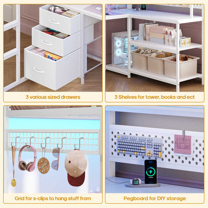 ADORNEVE Gaming Loft Bed Twin Size with L-Shaped Desk and Storage Drawers Arcylic Hutch Metal LED Loft Bed Frame with Wide Ladder and Safety Power Outlet
