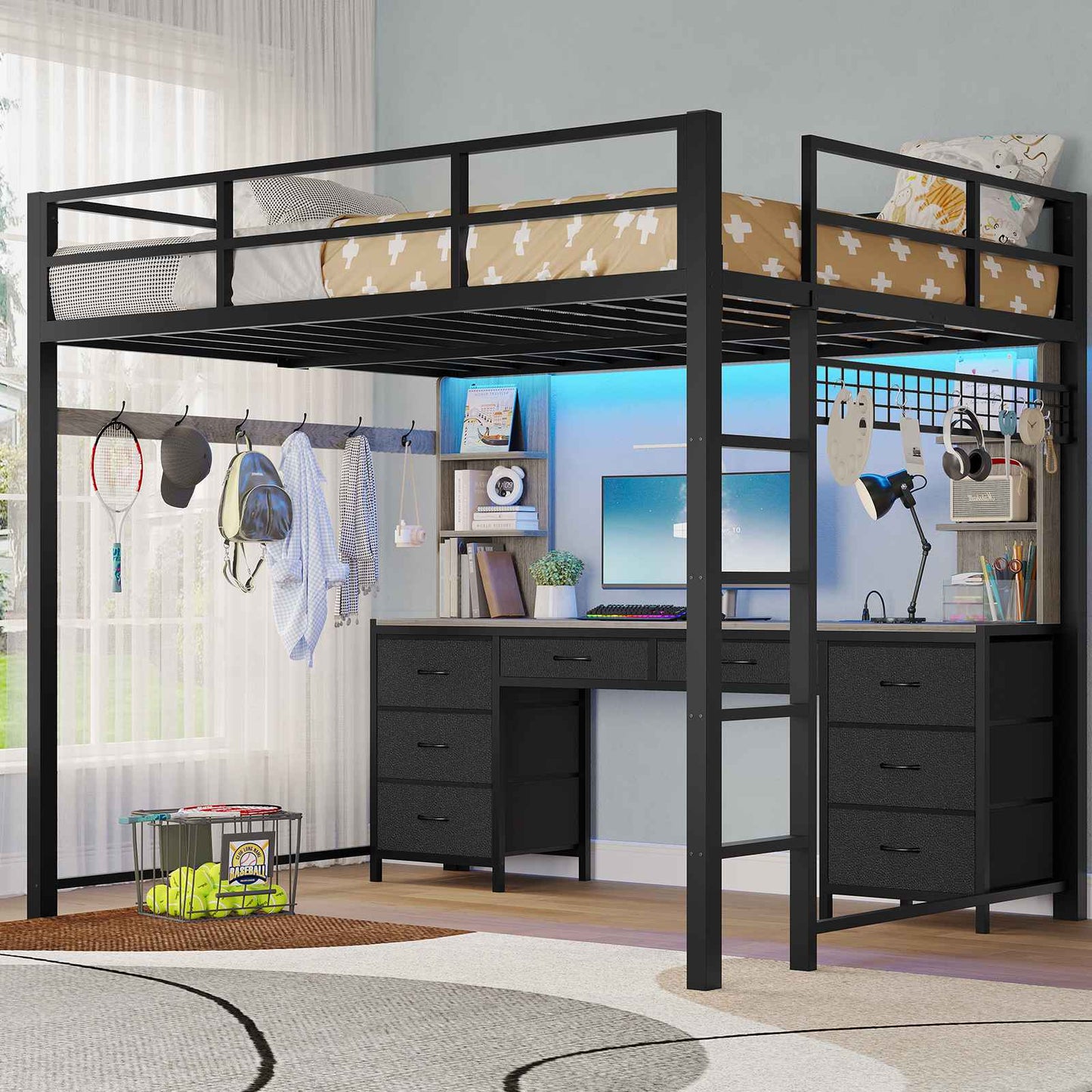 ADORNEVE Full Size Loft Bed with Desk and 8 Storage Drawers LED Metal Loft Beds with Charging Sation and 6 Storage Shelves