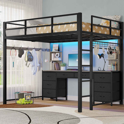 ADORNEVE Full Size Loft Bed with Desk and 8 Storage Drawers LED Metal Loft Beds with Charging Sation and 6 Storage Shelves