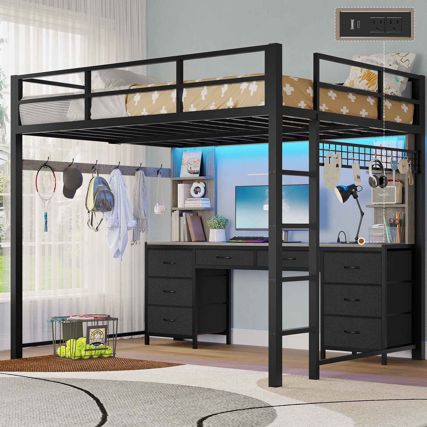 ADORNEVE Full Size Loft Bed with Desk and 8 Storage Drawers LED Metal Loft Beds with Charging Sation and 6 Storage Shelves
