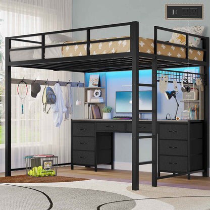 ADORNEVE Full Size Loft Bed with Desk and 8 Storage Drawers LED Metal Loft Beds with Charging Sation and 6 Storage Shelves