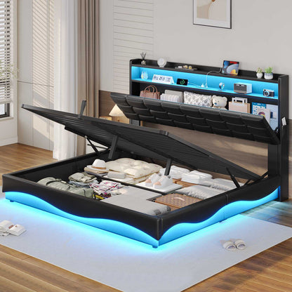 ADORNEVE Lift Up Storage Queen Bed Frame with Hidden Storage Headboard and Charging Station LED Upholstered Platform Bed with Hydraulic
