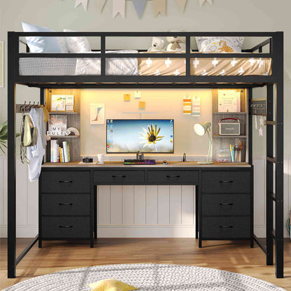 ADORNEVE Full Size Loft Bed with Desk and 8 Storage Drawers LED Metal Loft Beds with Charging Sation and 6 Storage Shelves