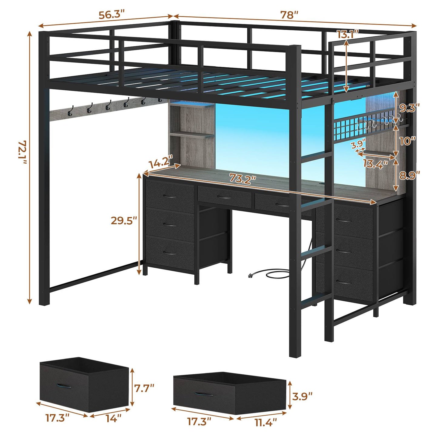 ADORNEVE Full Size Loft Bed with Desk and 8 Storage Drawers LED Metal Loft Beds with Charging Sation and 6 Storage Shelves