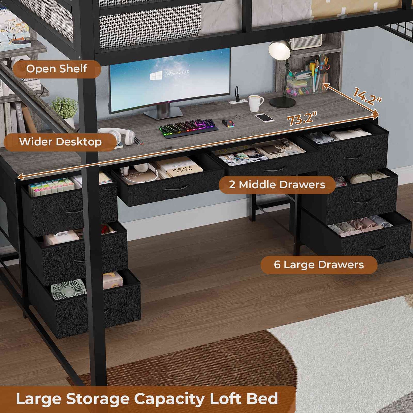 ADORNEVE Full Size Loft Bed with Desk and 8 Storage Drawers LED Metal Loft Beds with Charging Sation and 6 Storage Shelves