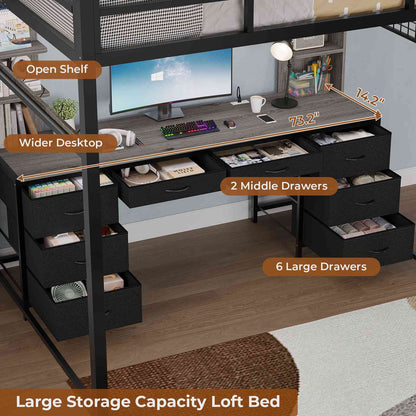 ADORNEVE Full Size Loft Bed with Desk and 8 Storage Drawers LED Metal Loft Beds with Charging Sation and 6 Storage Shelves