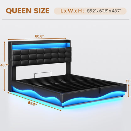 ADORNEVE Lift Up Storage Queen Bed Frame with Hidden Storage Headboard and Charging Station LED Upholstered Platform Bed with Hydraulic