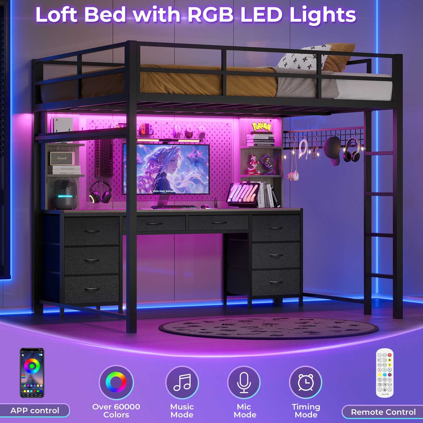 ADORNEVE Full Size Loft Bed with Desk and 8 Storage Drawers LED Metal Loft Beds with Charging Sation and 6 Storage Shelves