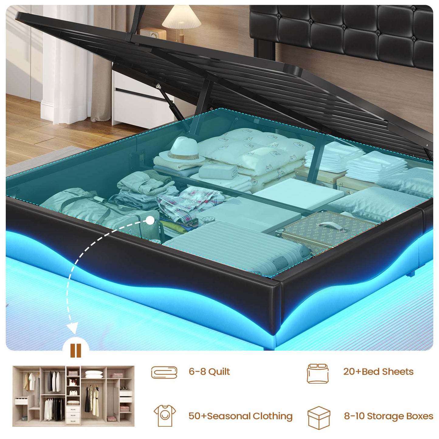 ADORNEVE Lift Up Storage Queen Bed Frame with Hidden Storage Headboard and Charging Station LED Upholstered Platform Bed with Hydraulic