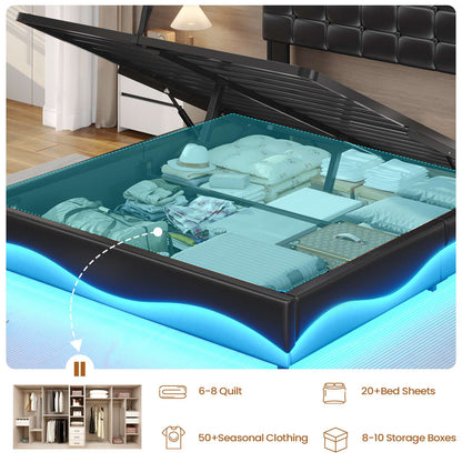 ADORNEVE Lift Up Storage Queen Bed Frame with Hidden Storage Headboard and Charging Station LED Upholstered Platform Bed with Hydraulic