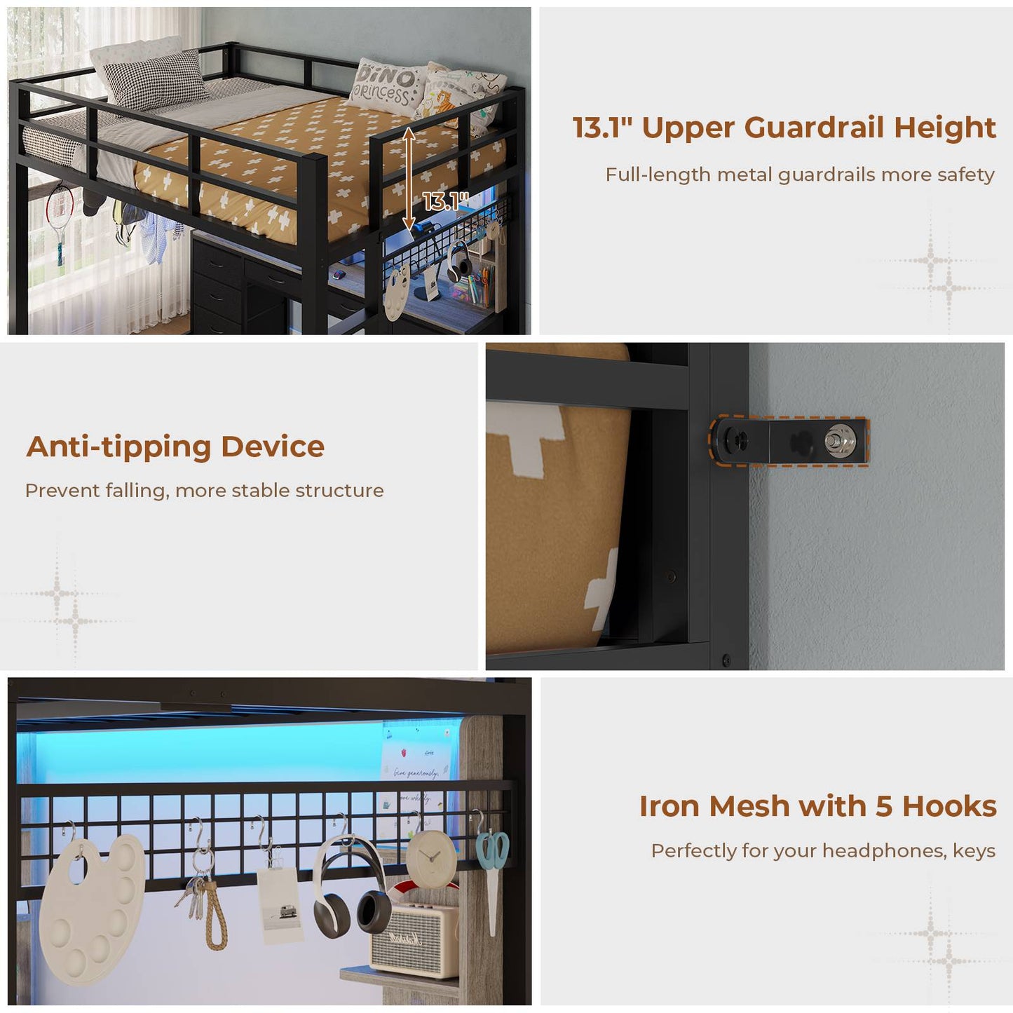 ADORNEVE Full Size Loft Bed with Desk and 8 Storage Drawers LED Metal Loft Beds with Charging Sation and 6 Storage Shelves