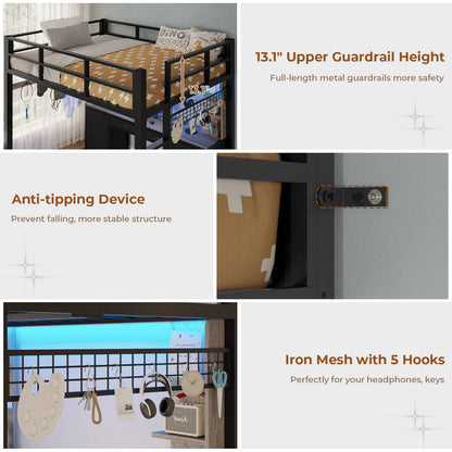 ADORNEVE Full Size Loft Bed with Desk and 8 Storage Drawers LED Metal Loft Beds with Charging Sation and 6 Storage Shelves