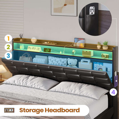 ADORNEVE Lift Up Storage Queen Bed Frame with Hidden Storage Headboard and Charging Station LED Upholstered Platform Bed with Hydraulic
