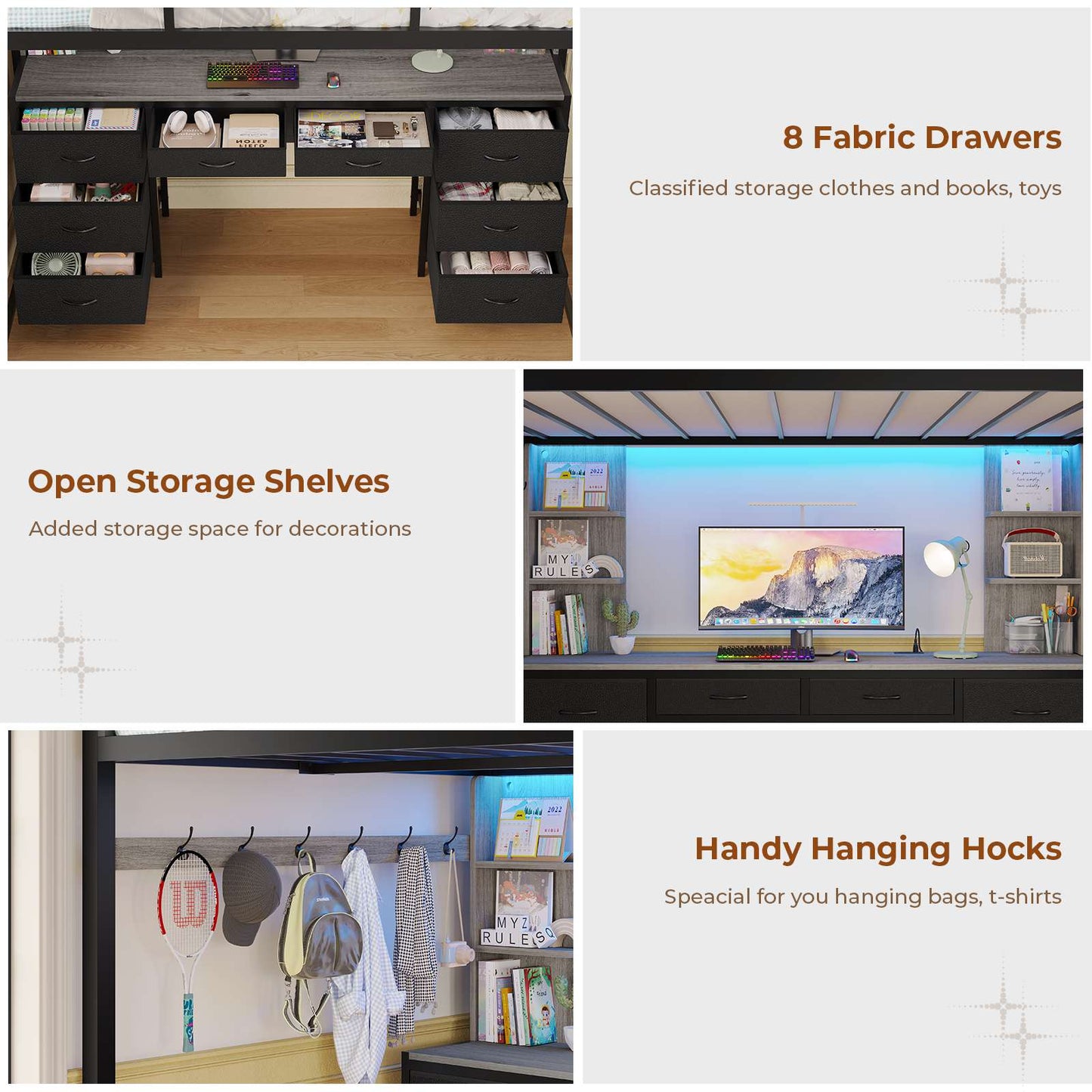 ADORNEVE Full Size Loft Bed with Desk and 8 Storage Drawers LED Metal Loft Beds with Charging Sation and 6 Storage Shelves