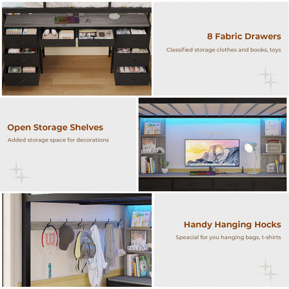 ADORNEVE Full Size Loft Bed with Desk and 8 Storage Drawers LED Metal Loft Beds with Charging Sation and 6 Storage Shelves