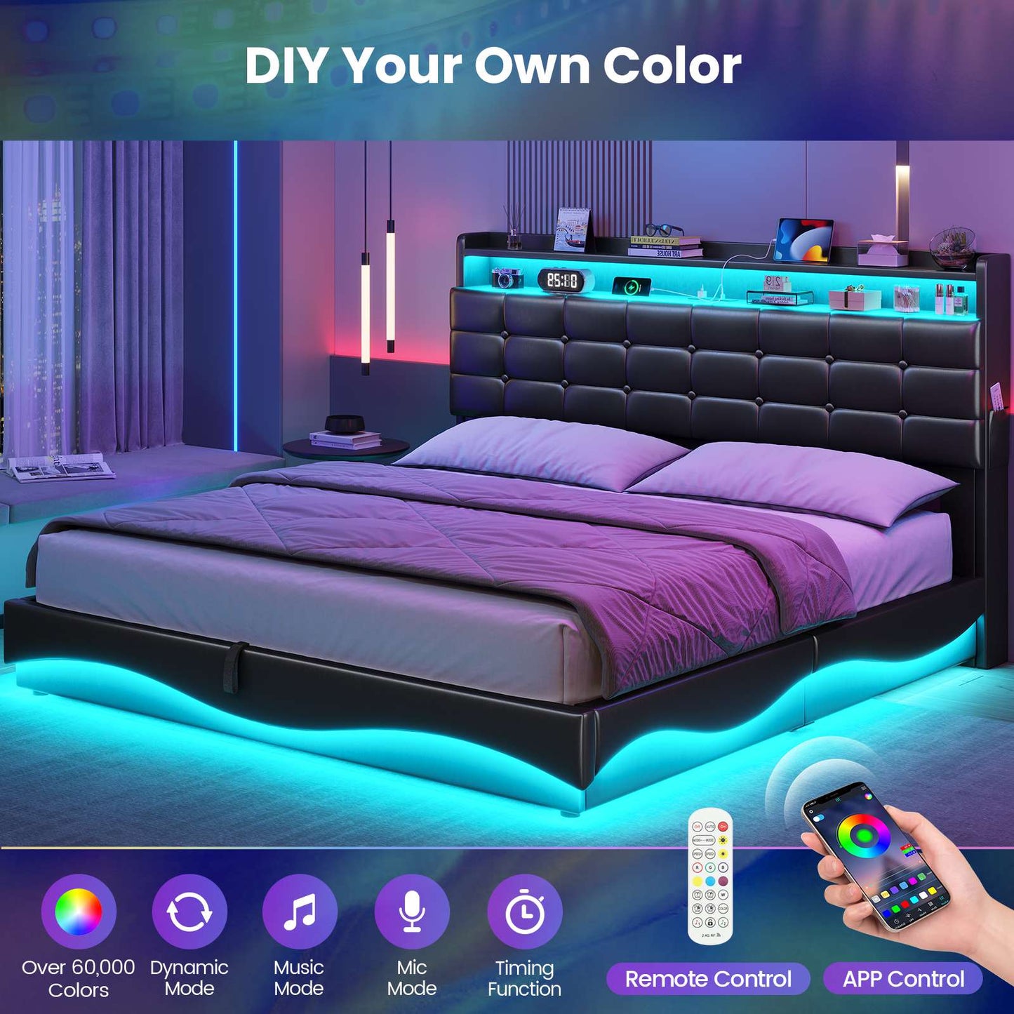 ADORNEVE Lift Up Storage Queen Bed Frame with Hidden Storage Headboard and Charging Station LED Upholstered Platform Bed with Hydraulic