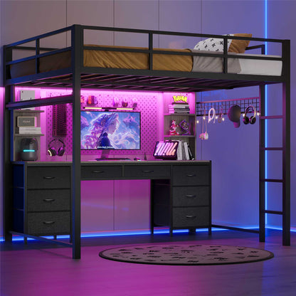 ADORNEVE Full Size Loft Bed with Desk and 8 Storage Drawers LED Metal Loft Beds with Charging Sation and 6 Storage Shelves
