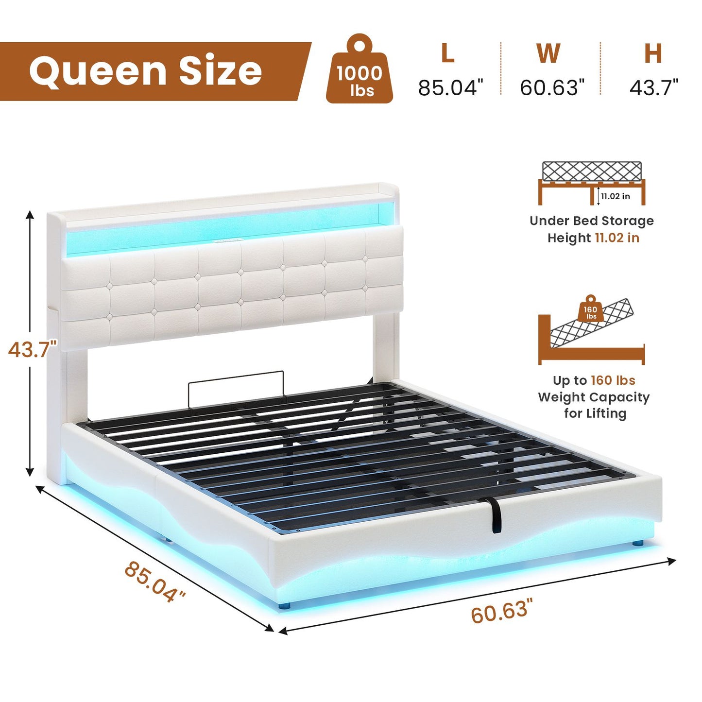 ADORNEVE Lift Up Storage Queen Bed Frame with Hidden Storage Headboard and Charging Station LED Upholstered Platform Bed with Hydraulic