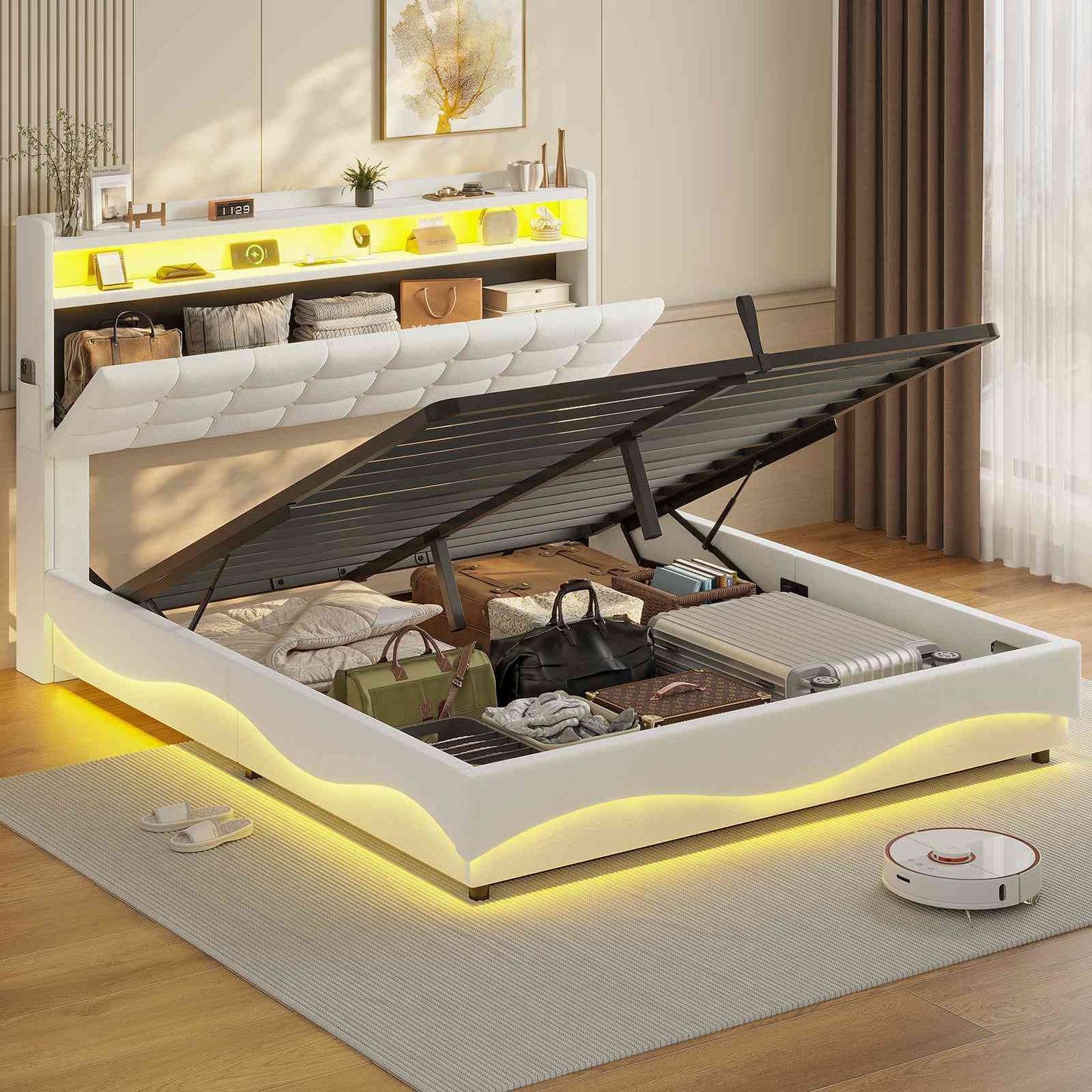 ADORNEVE Lift Up Storage Queen Bed Frame with Hidden Storage Headboard and Charging Station LED Upholstered Platform Bed with Hydraulic