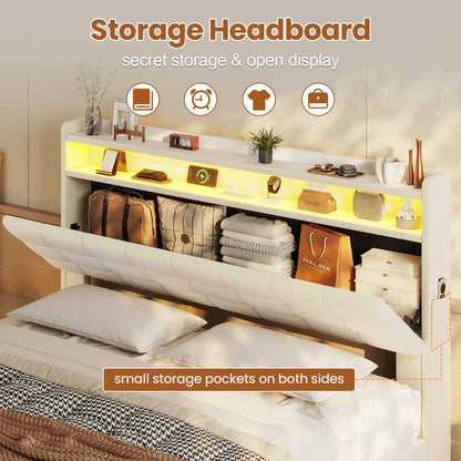 ADORNEVE Lift Up Storage Queen Bed Frame with Hidden Storage Headboard and Charging Station LED Upholstered Platform Bed with Hydraulic