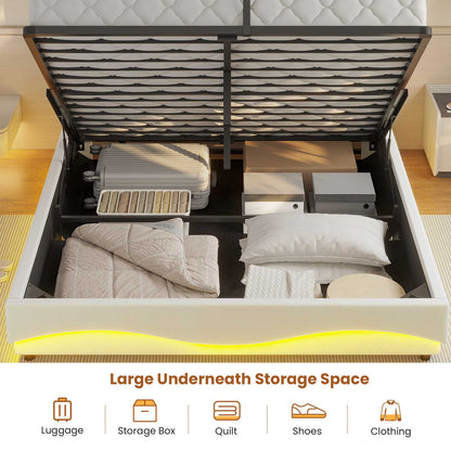ADORNEVE Lift Up Storage Queen Bed Frame with Hidden Storage Headboard and Charging Station LED Upholstered Platform Bed with Hydraulic