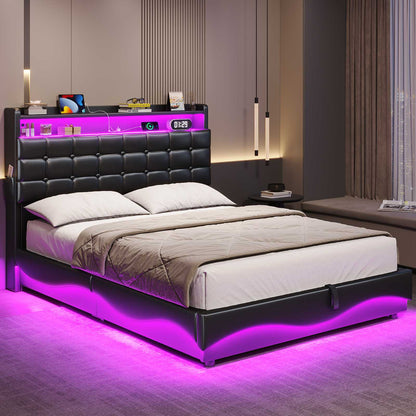 ADORNEVE Lift Up Storage Twin Bed Frame with Type-C Charging Station and Hidden Storage Headboard LED Upholstered Platform Bed with Hydraulic