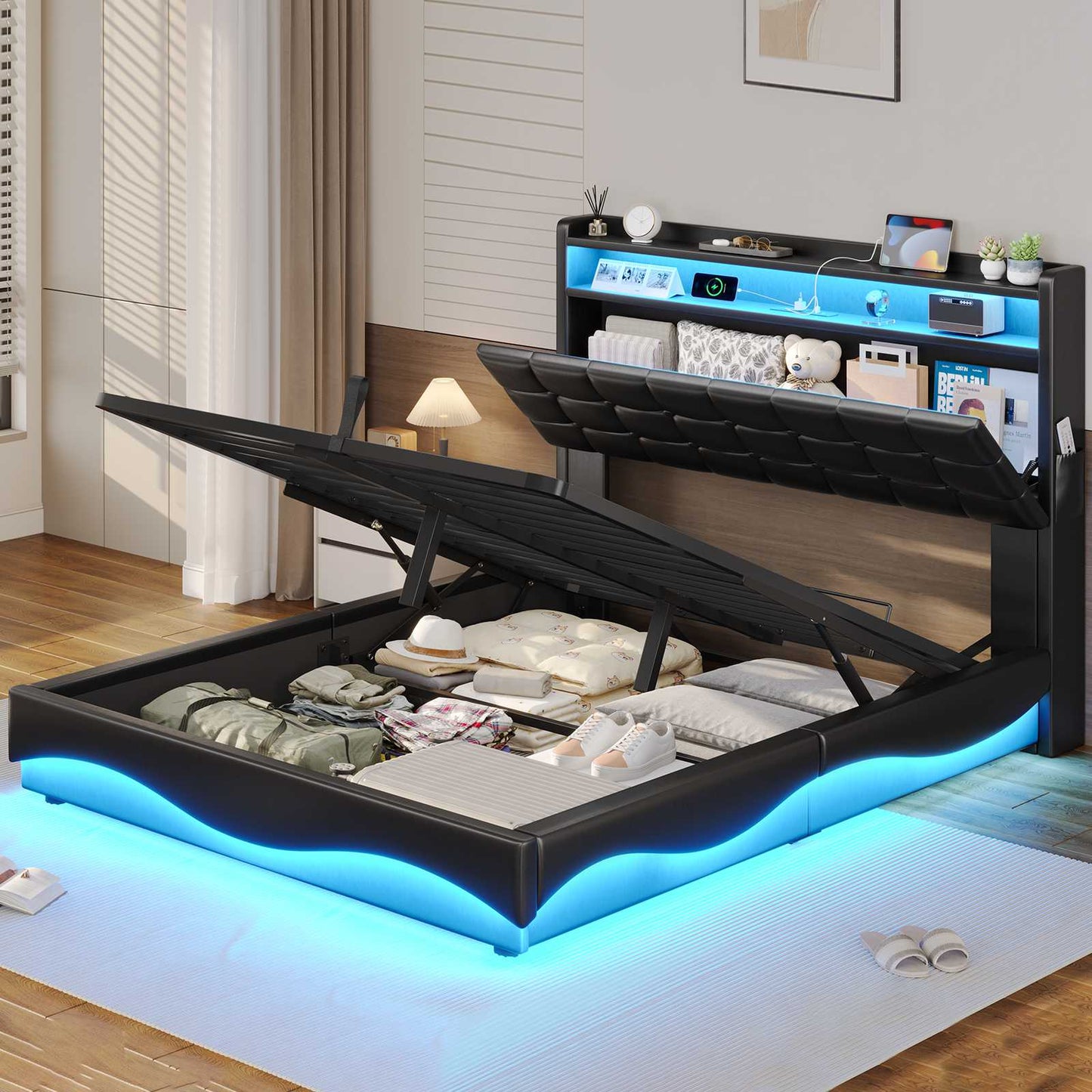ADORNEVE Lift Up Storage Twin Bed Frame with Type-C Charging Station and Hidden Storage Headboard LED Upholstered Platform Bed with Hydraulic