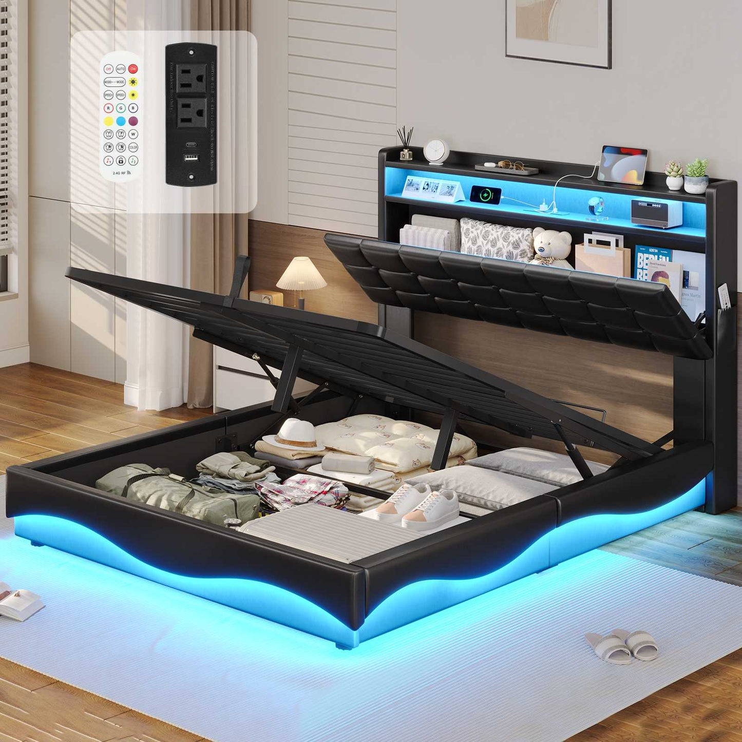 ADORNEVE Lift Up Storage Twin Bed Frame with Type-C Charging Station and Hidden Storage Headboard LED Upholstered Platform Bed with Hydraulic