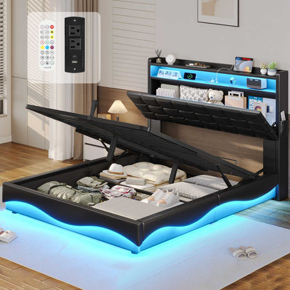 ADORNEVE Lift Up Storage Twin Bed Frame with Type-C Charging Station and Hidden Storage Headboard LED Upholstered Platform Bed with Hydraulic