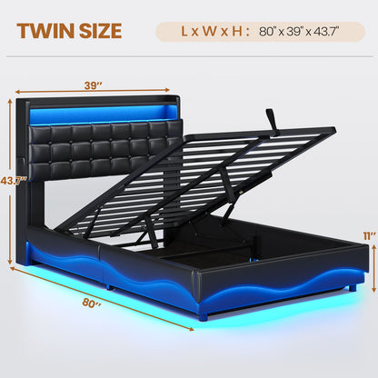 ADORNEVE Lift Up Storage Twin Bed Frame with Type-C Charging Station and Hidden Storage Headboard LED Upholstered Platform Bed with Hydraulic
