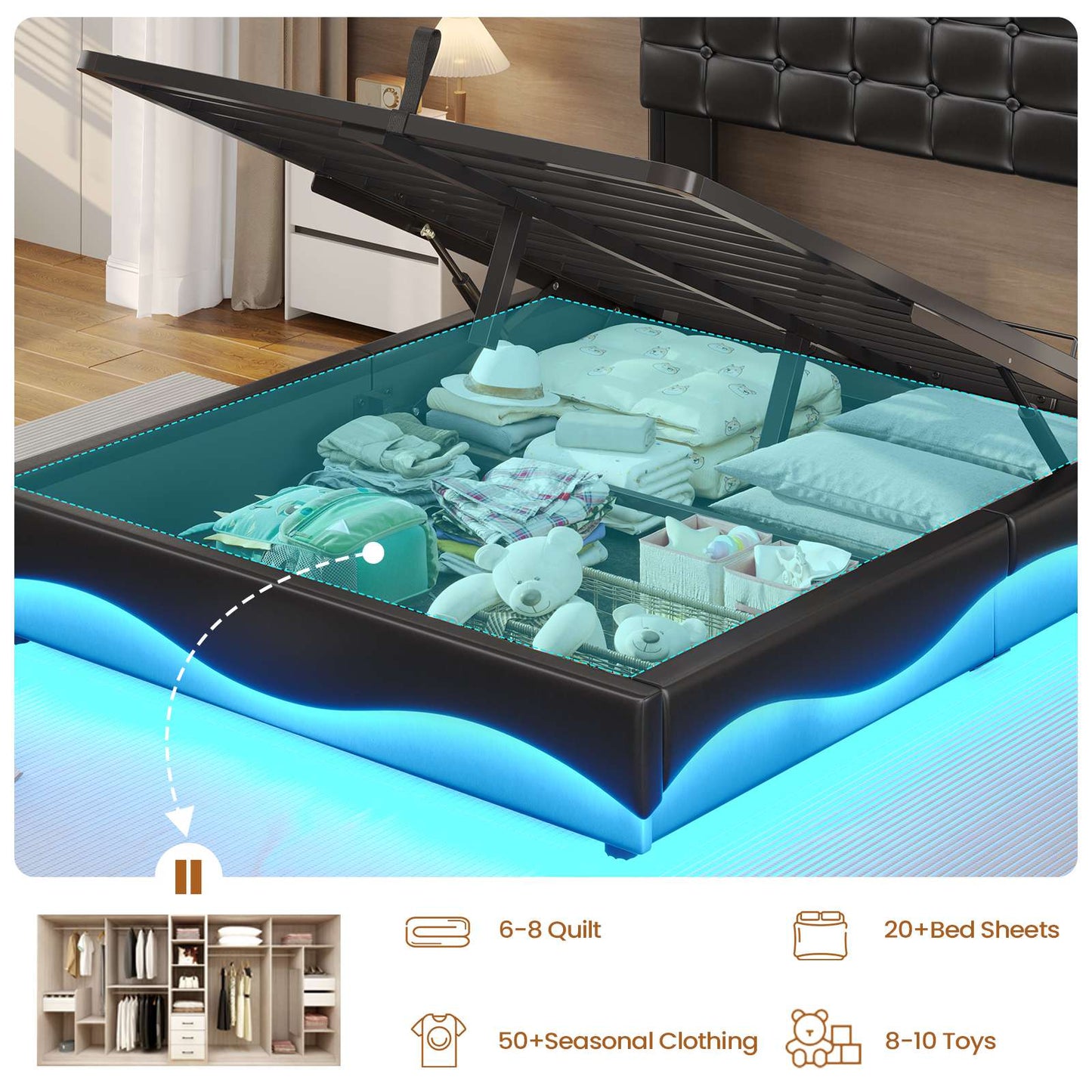 ADORNEVE Lift Up Storage Twin Bed Frame with Type-C Charging Station and Hidden Storage Headboard LED Upholstered Platform Bed with Hydraulic