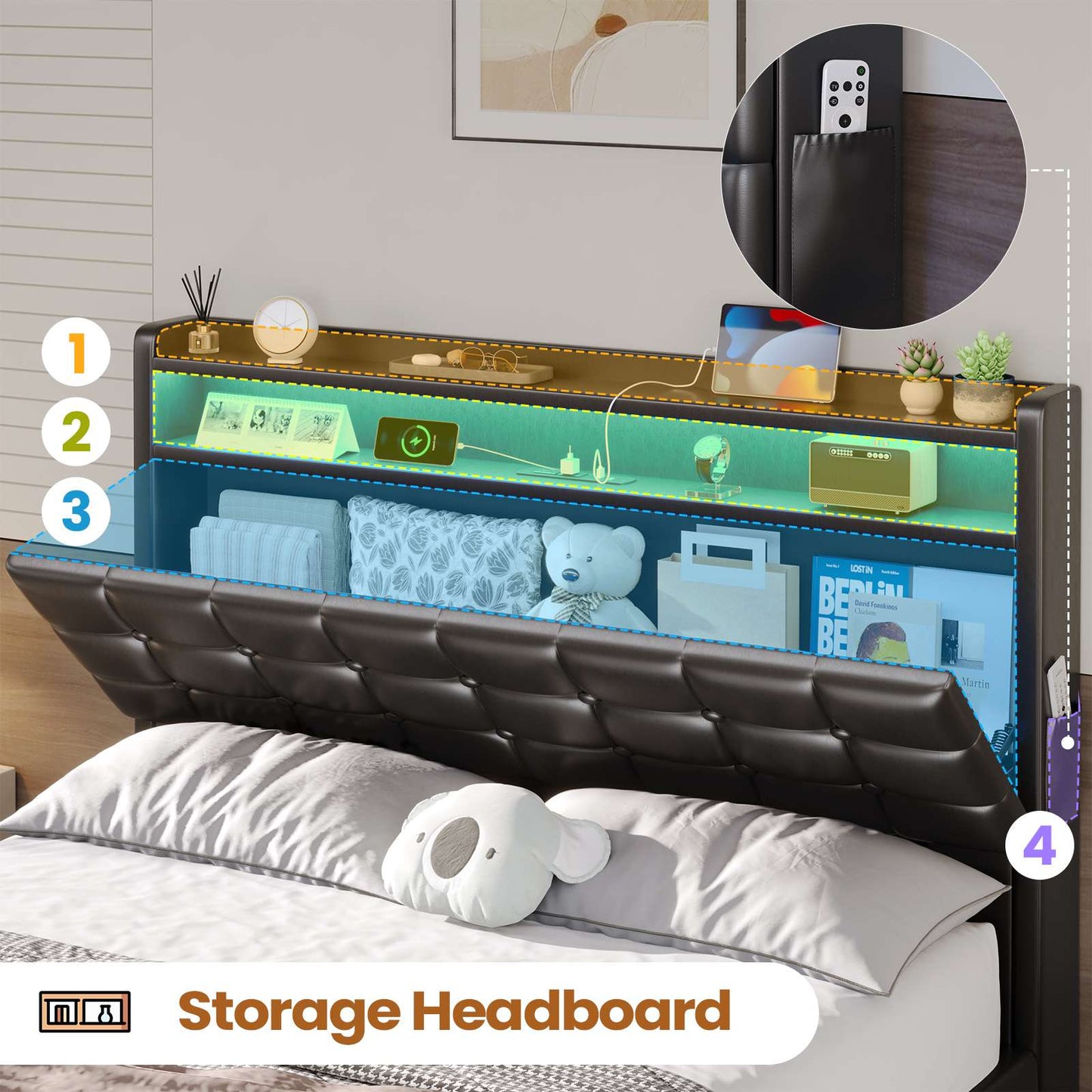 ADORNEVE Lift Up Storage Twin Bed Frame with Type-C Charging Station and Hidden Storage Headboard LED Upholstered Platform Bed with Hydraulic